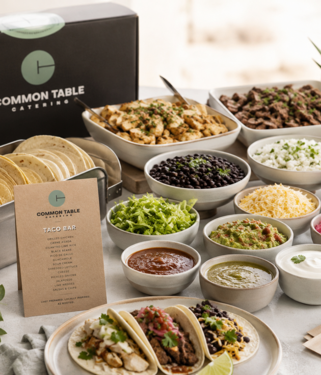 Common Table Catering taco bar buffet with grilled chicken, carne asada, tortillas, and fresh toppings for office catering in Phoenix, East Valley, and Arizona